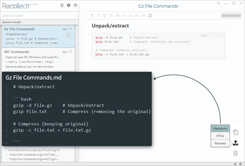 Export notes to markdown, html, or plaintext - to your clipboard or to a file