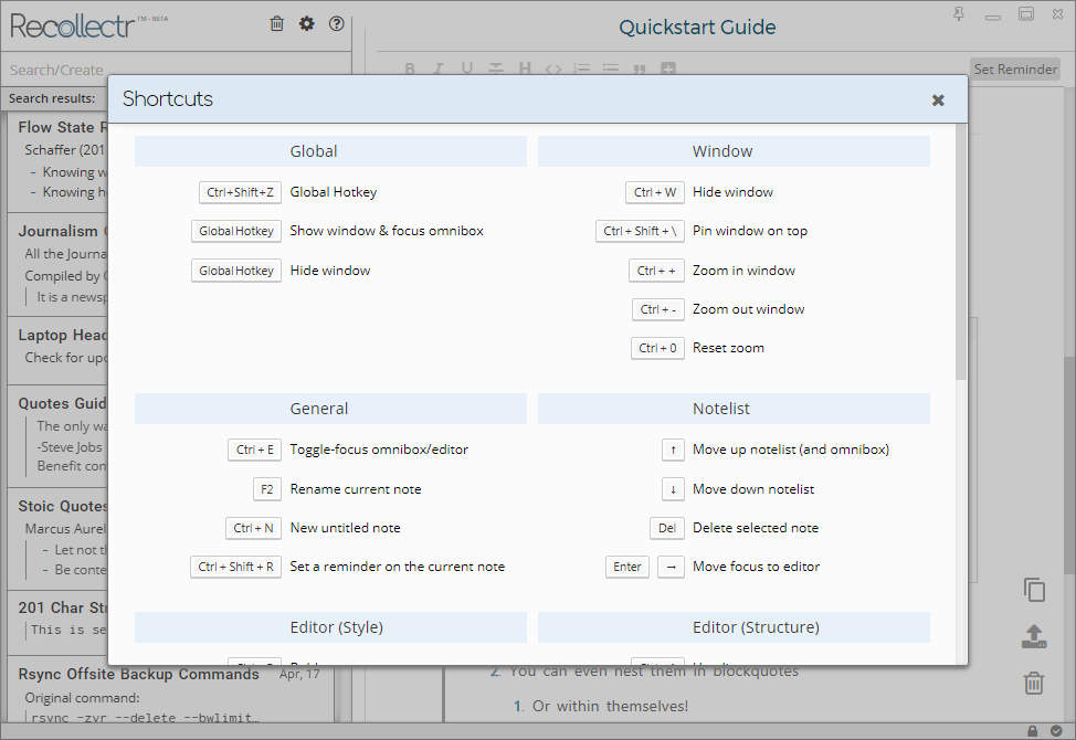 New hotkeys in Recollectr's built-in hotkey guide