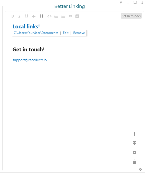 Notes can now link to local files and directories, as well as email addresses and more